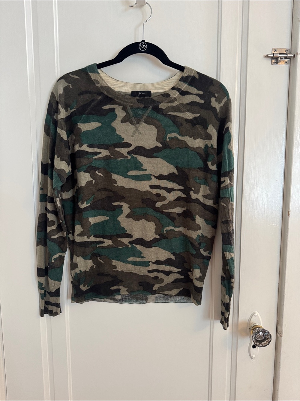 J. Crew Women's Green and Tan Camouflage Merino Crewneck Sweater
